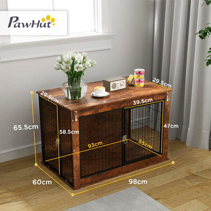 Dog Crate Furniture Side Table | Flip-Up Top | Double Doors | 3-Sided Ventilation | Large Dogs up to 30kg | 98 x 60 x 65.5cm | Rustic Brown