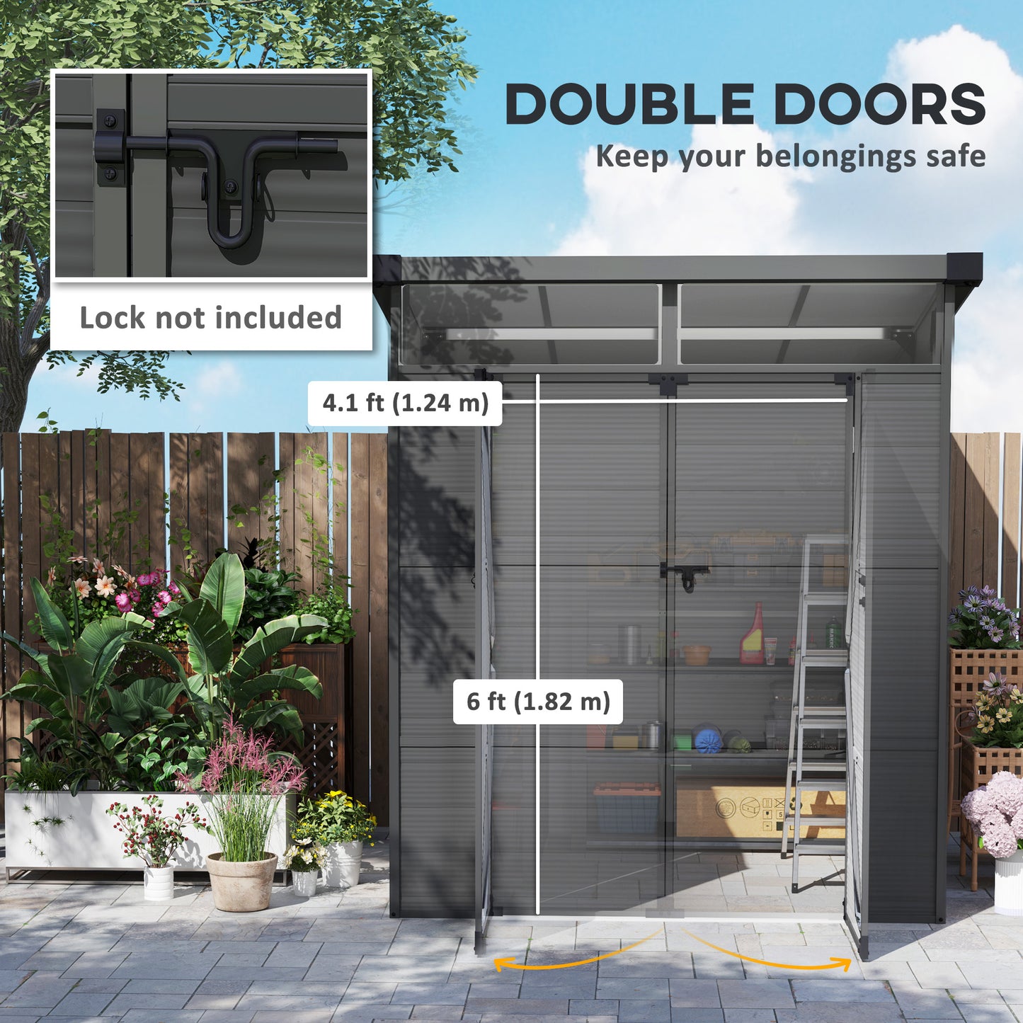 6 x 6ft Outdoor Storage Shed, Plastic Garden Shed with Windows and Air Vents, Outdoor Resin Tool Shed with Latch Doors for Garden, Deck