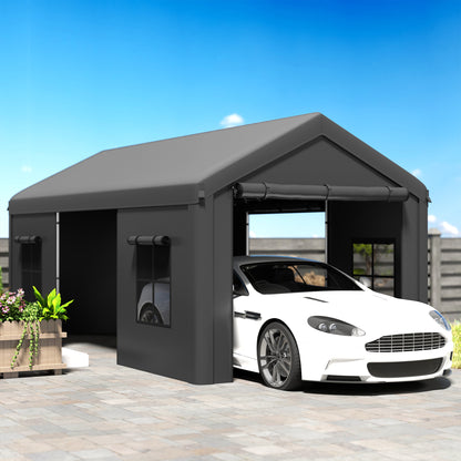 3x6m Heavy Duty Carport | Portable Garage | UPF30+ PE Cover | Galvanised Frame | Zipped Doors | Mesh Windows | Wind Level 5-6 | Dark Grey