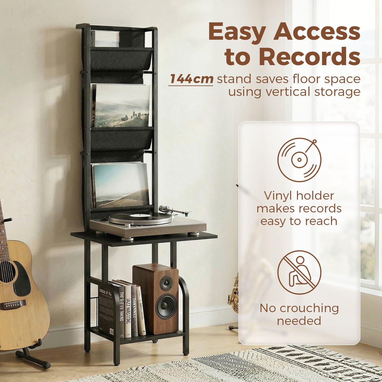 Vinyl Record Player Stand | 4 Oxford Fabric Sling Shelves | 40 CD Capacity | Industrial Black Metal Frame | Anti-Tip Hardware | Adjustable Feet | 23kg Total Capacity | 50x48.5x144cm | Black