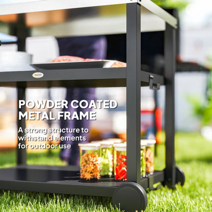 Outdoor Grill Dining Cart 3-Shelf Movable Pizza Oven Table Stand with Stainless Steel Top, Portable BBQ Trolley Food Prep Outdoor Kitchen BBQ Station