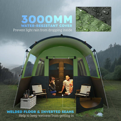 8-Person Camping Tent, Waterproof Family Tent, Tunnel Design, 4 Large Windows, Sleeping Cabins 3000mm Water Column Green - Blue