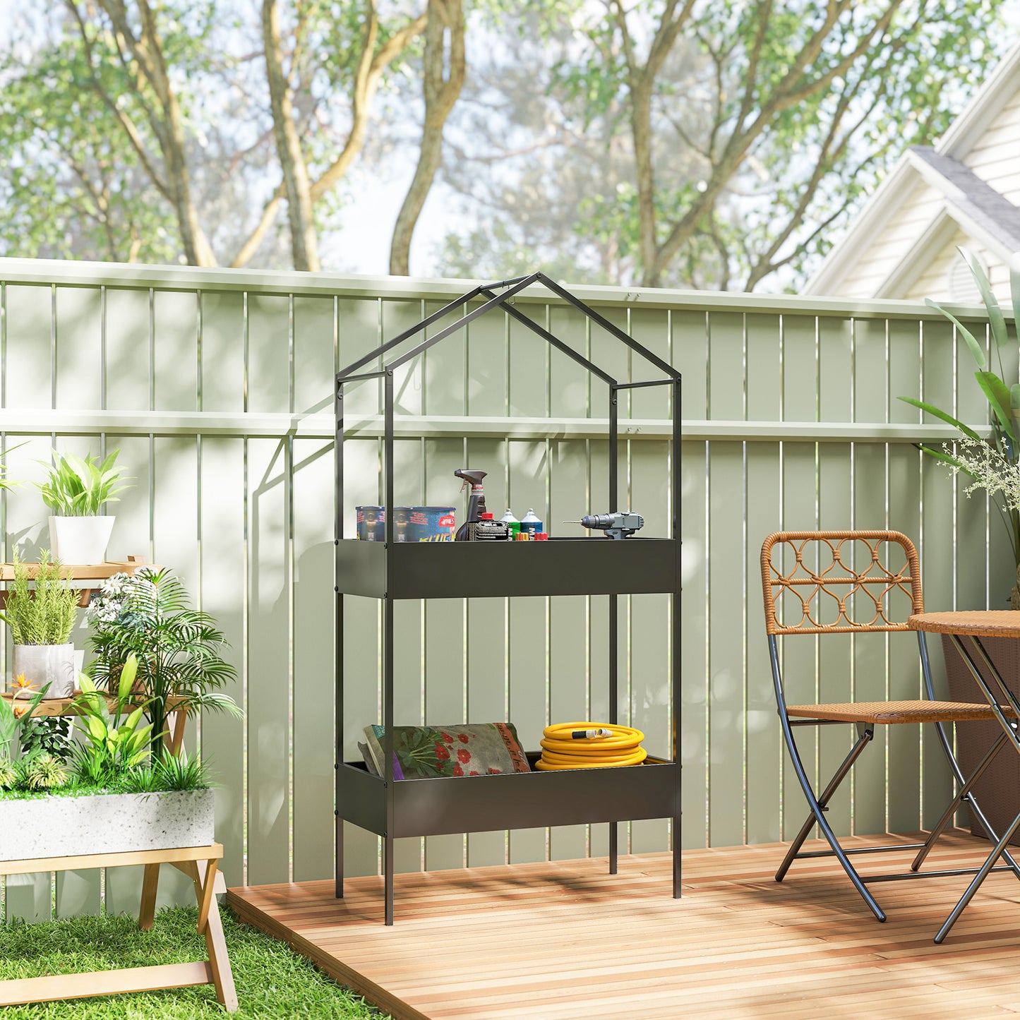 2-Tier House-Shaped Plant Stand with Top Hook | Powder-Coated Metal | 13cm Raised Edges | Adjustable Levelling Feet | 40kg per Tier | 80kg Total | 75x35x150cm | Indoor & Outdoor | Black