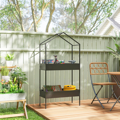 2-Tier House-Shaped Plant Stand with Top Hook | Powder-Coated Metal | 13cm Raised Edges | Adjustable Levelling Feet | 40kg per Tier | 80kg Total | 75x35x150cm | Indoor & Outdoor | Black