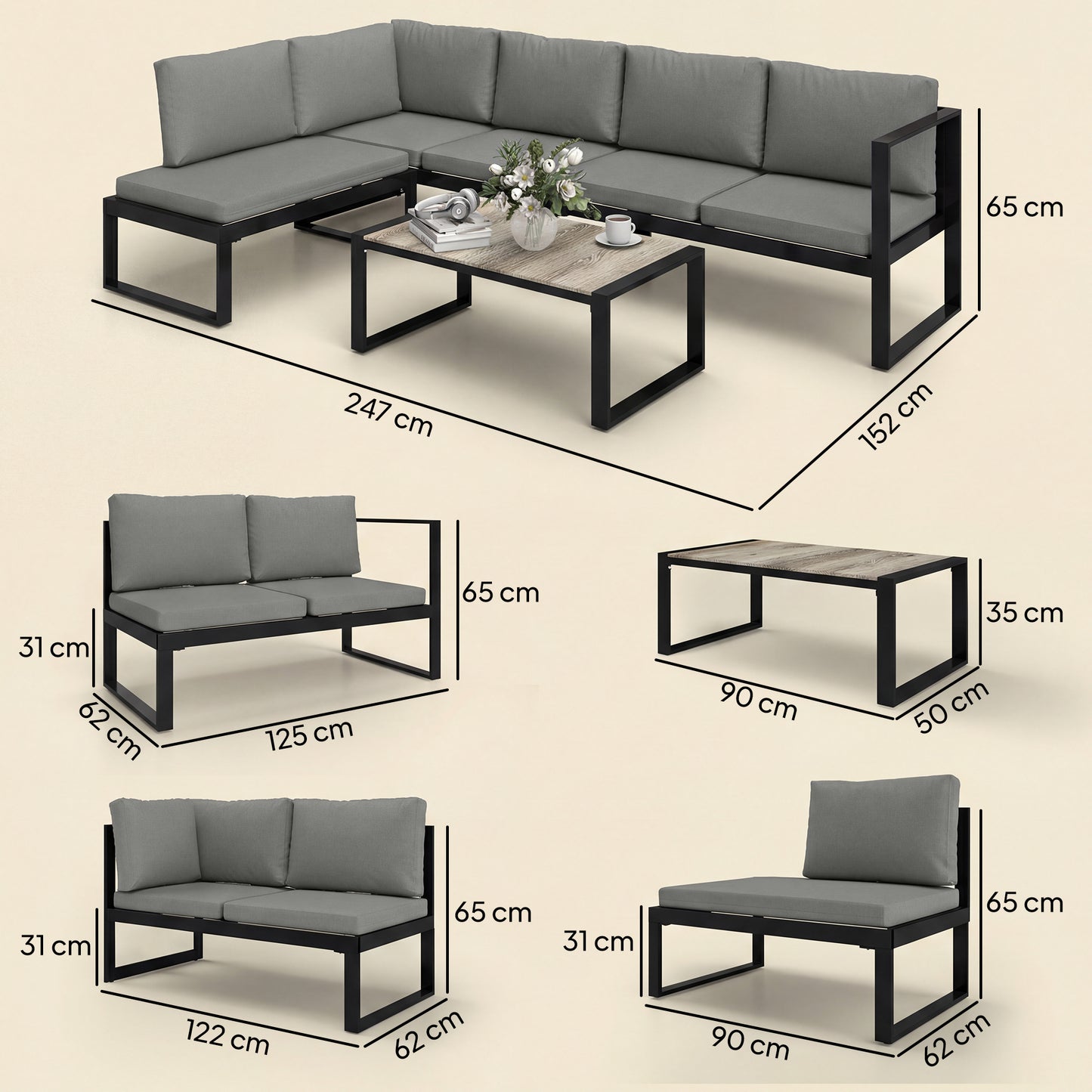 4-Piece L-Shape Garden Sofa Set | 2 Loveseats | Armless Chair | Coffee Table | Texteline Mesh | 10cm Seat & 16cm Back Cushions | 240kg | Dark Grey