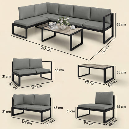 4-Piece L-Shape Garden Sofa Set | 2 Loveseats | Armless Chair | Coffee Table | Texteline Mesh | 10cm Seat & 16cm Back Cushions | 240kg | Dark Grey