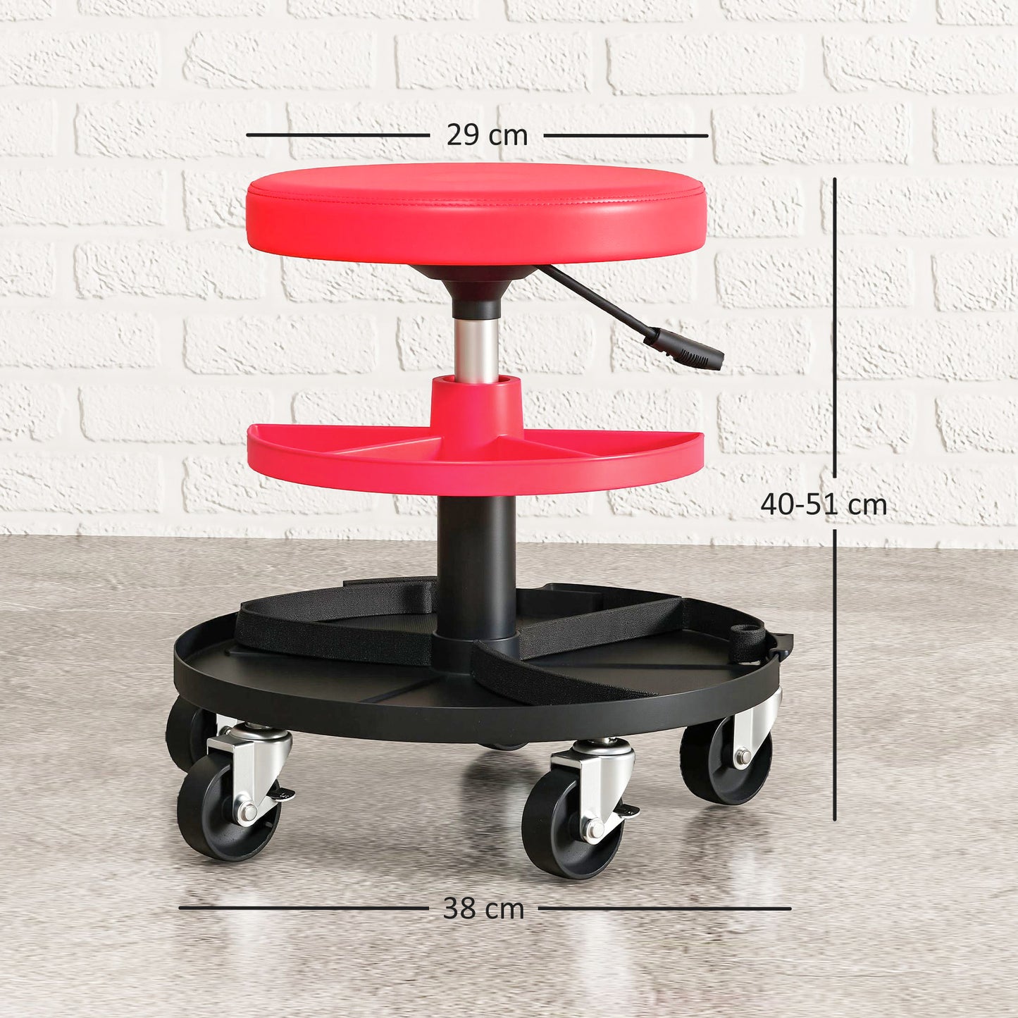 Rolling Mechanic Stool, 135kg Capacity Workshop Stool, 360° Swivel Roller Padded Creeper Seat with Wheels, Tool Trays Storage for Garage, Shop, Auto Repair, Red