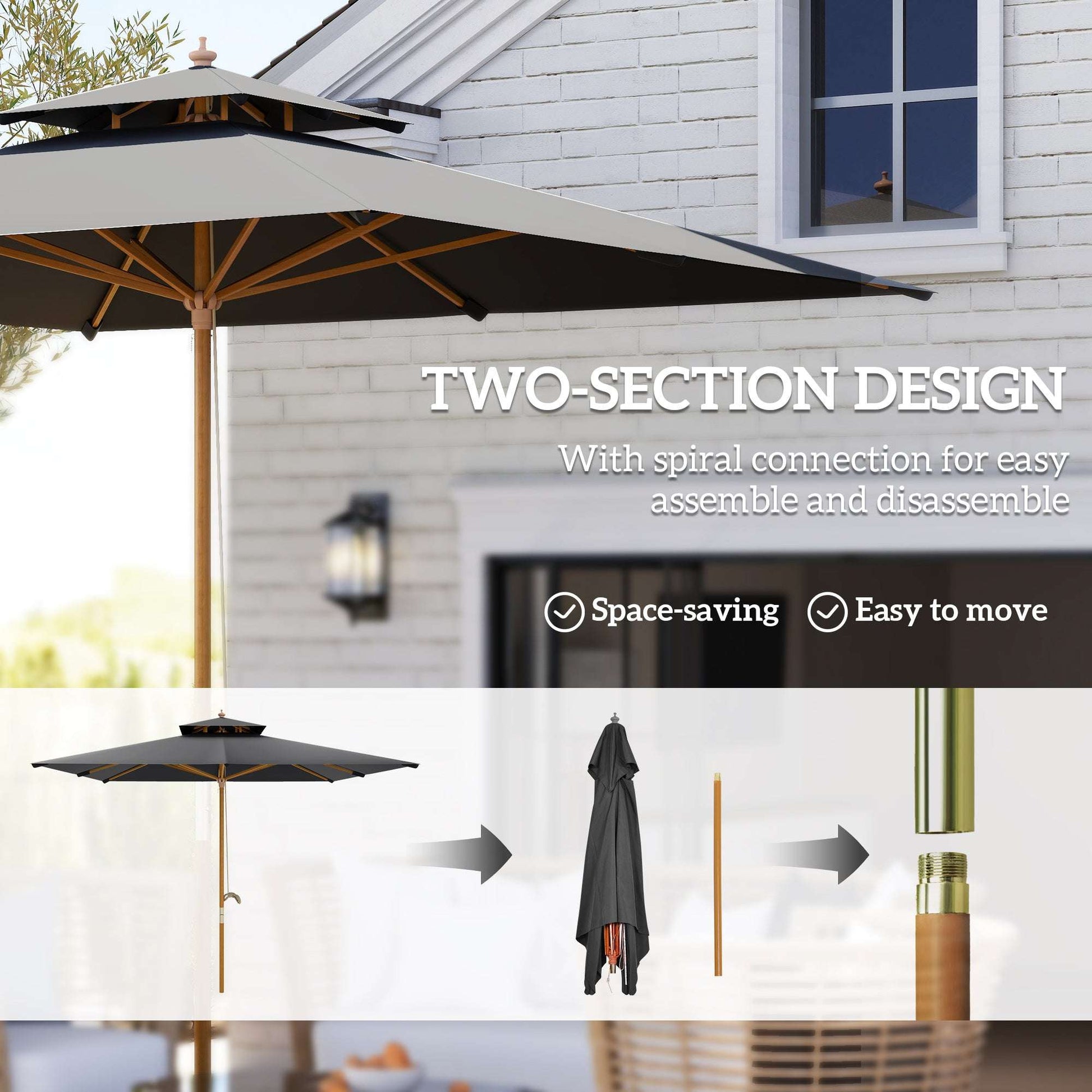 Outsunny 3x3(m) Garden Sun Umbrella with Double Tier - Black