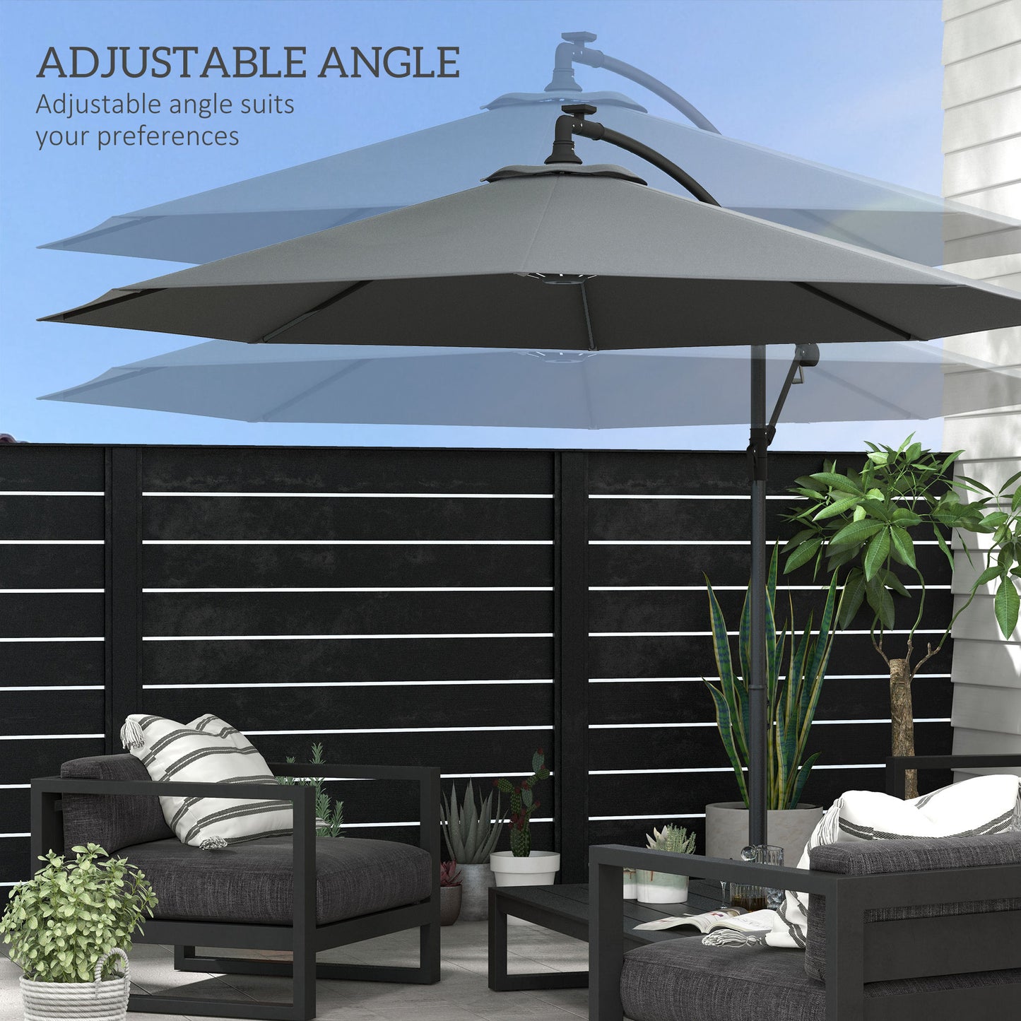 3(m) Cantilever Parasol with Solar LED Lights, Garden Umbrella with Cross Base and Crank Handle, Hanging Offset Banana Sun Shade for Outdoor, Patio