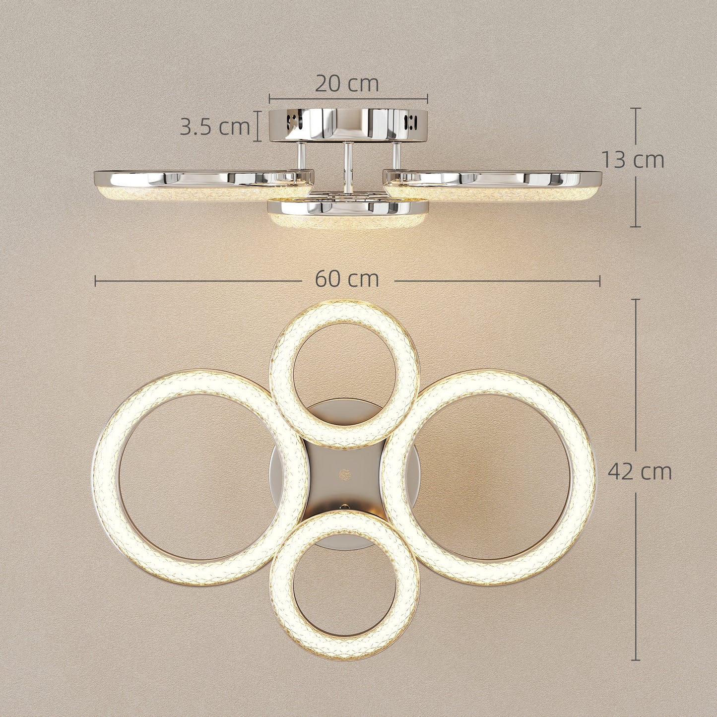 LED Ceiling Light, Modern 4 Rings Ceiling Lamp with Wall Switch Control, 40W 4350lm Flush Mount Ceiling Light with 3500K/4500K/6000K Colour Temperatures, Silver Tone