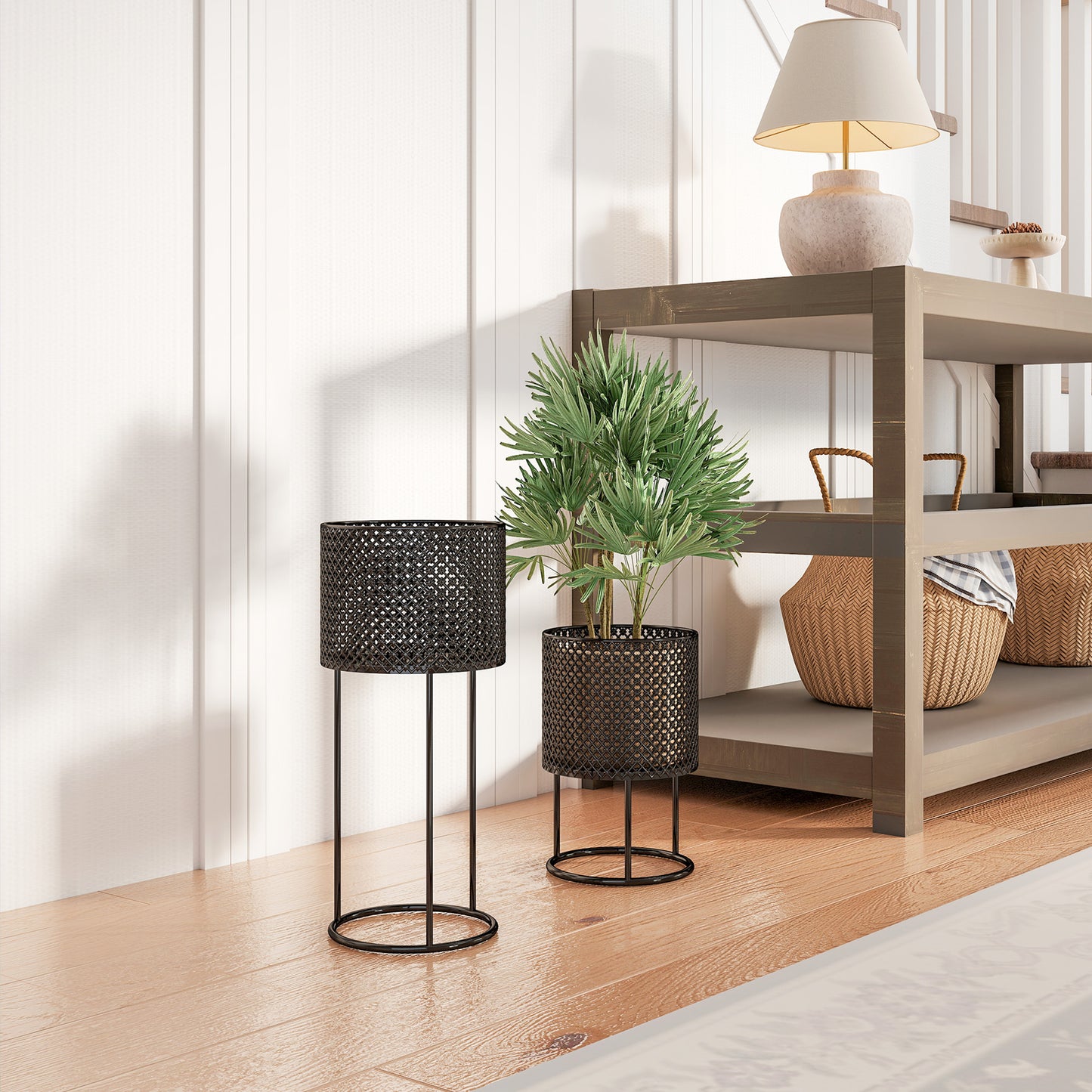 Set of 2 Powder-Coated Metal Plant Pots | Hollow Woven Design | Stackable | 10kg Large Ø23x50cm | 8kg Small Ø20x30cm | Patio Balcony & Indoor | Black