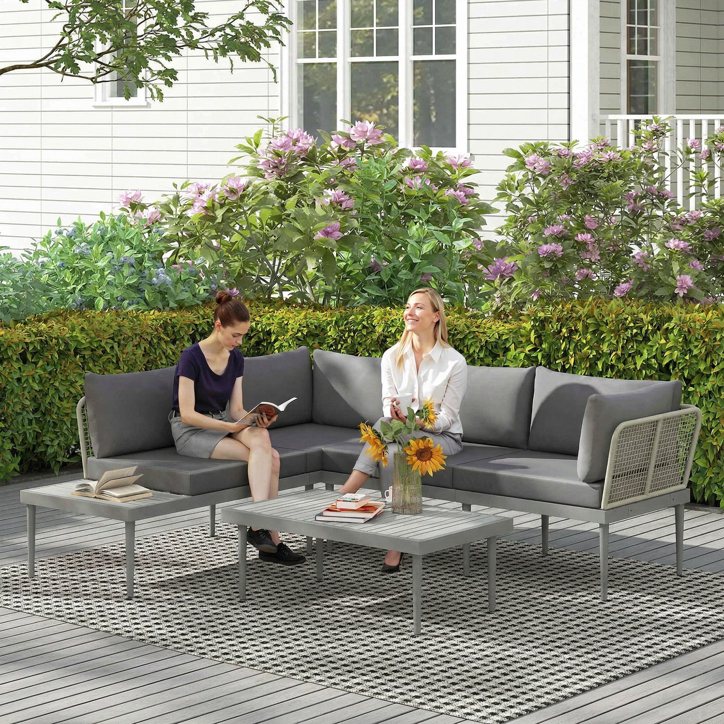 3-Piece Rattan Garden Sofa Set | 2 Loveseats | Acacia Wood End Table & Coffee Table | 10cm Seat & 20cm Back Cushions | Washable Covers | 320kg Capacity | PE Rattan & Steel | Grey