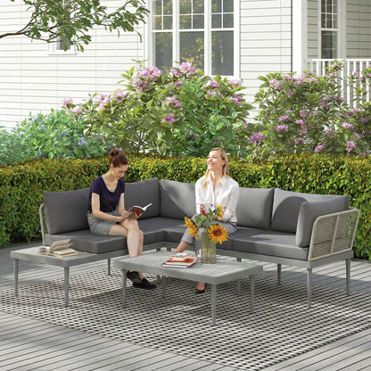 3-Piece Rattan Garden Sofa Set | 2 Loveseats | Acacia Wood End Table & Coffee Table | 10cm Seat & 20cm Back Cushions | Washable Covers | 320kg Capacity | PE Rattan & Steel | Grey