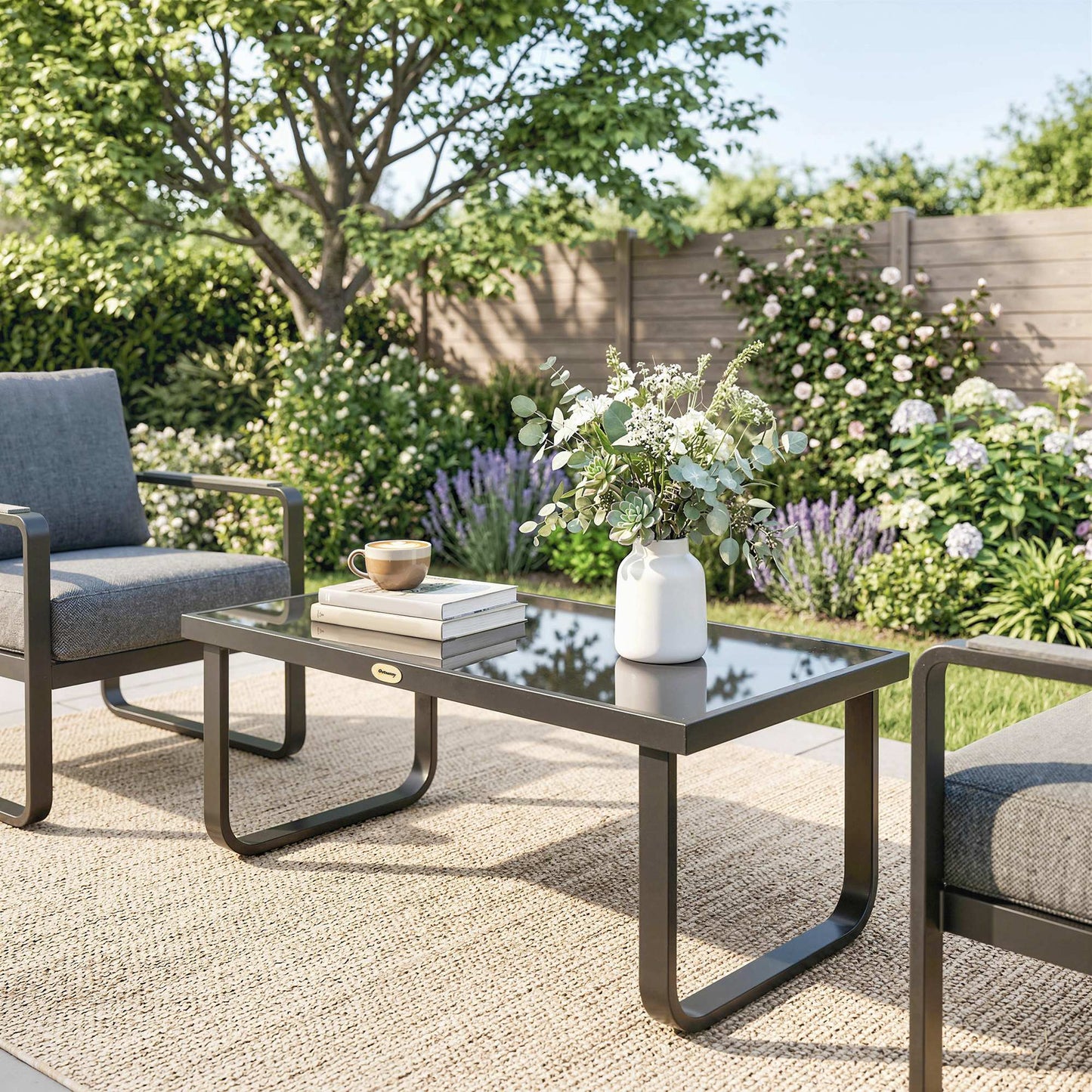 Rectangle Garden Coffee Table | Tempered Glass Top | Unique Leg Design | Adjustable Feet | 30kg | Black