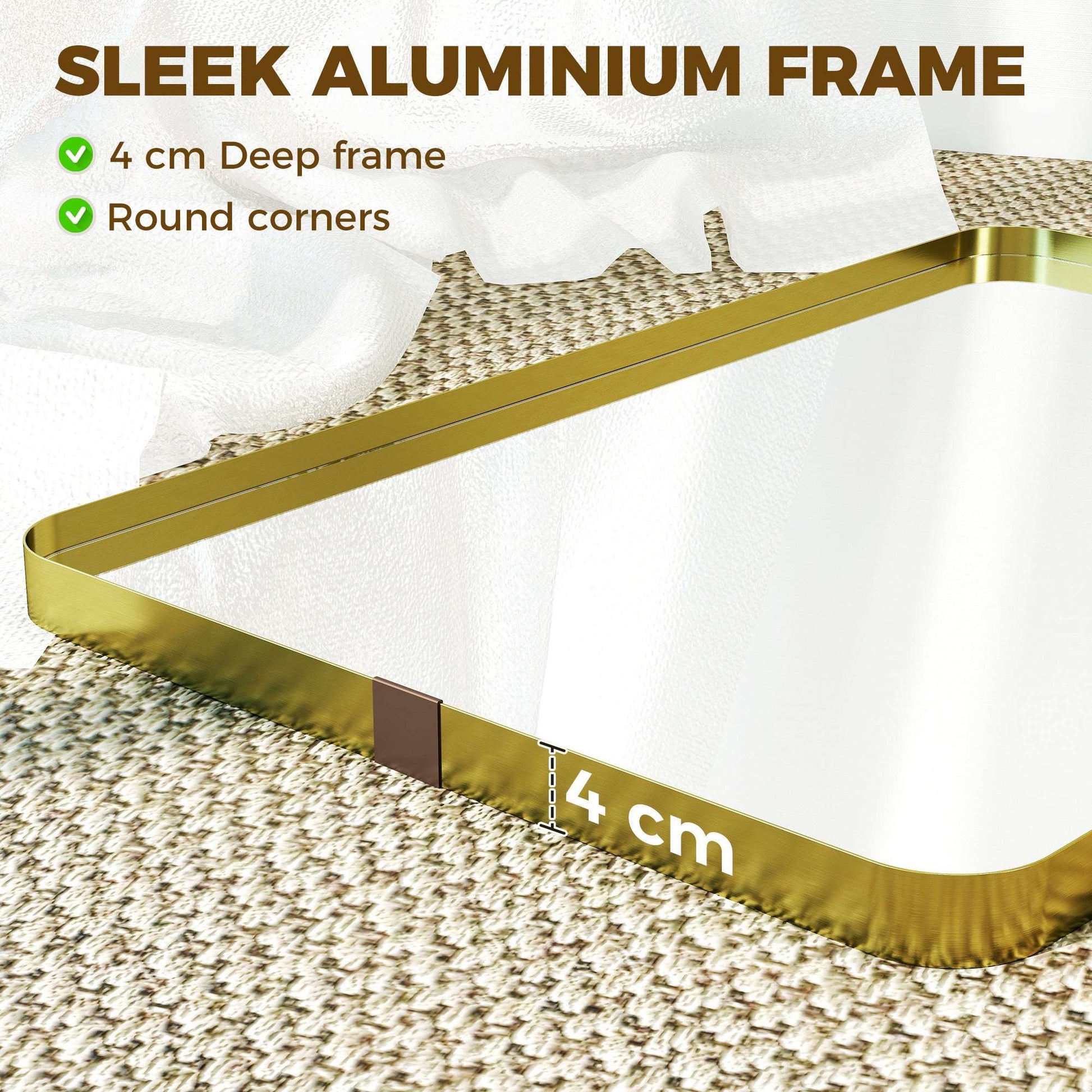 Rectangular Wall Mirror | Shatterproof Tempered Glass | Anodised Aluminium Alloy Frame | 4cm Deep 3D Effect | Soft Rounded Corners | No Assembly | 60x4x90cm | Gold Tone