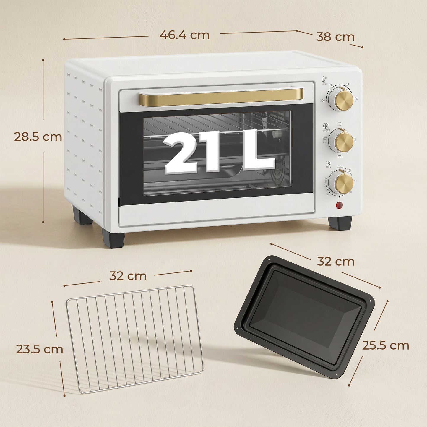 21L Mini Countertop Oven | Adjustable Temperature 100-230°C | 60-Min Timer | White