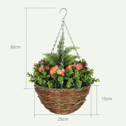 Pack of 2 Faux Plant Artificial Lisianthus Flowers Hanging Planter with Basket for Indoor Outdoor Decoration, Orange / Yellow