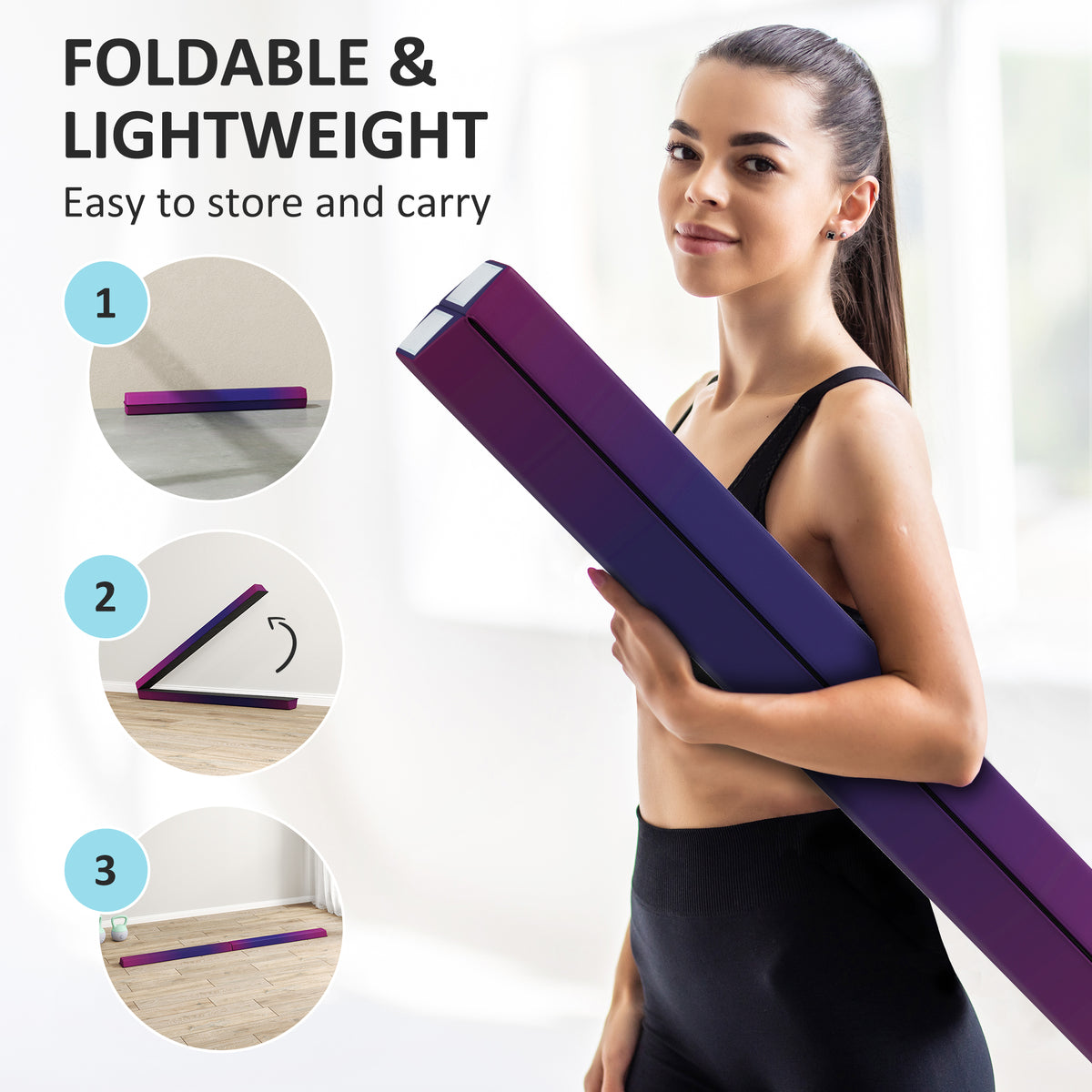 SPORTNOW Folding Gymnastics Floor Balance Beam | Blue & Pink | 236x10cm | Folds to 120cm | EVA Foam Core | 10cm Top 15cm Anti-Slip Base | Hook & Loop | 80kg | Age 3+ | Home Gym