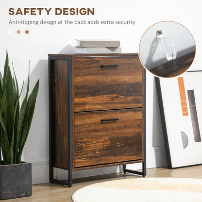 Industrial Shoe Cabinet with 2 Flip Drawers, Narrow Shoe Storage Cabinet for 12 Pairs, Freestanding Slim Shoe Rack for Entryway, Hallway, Rustic Brown