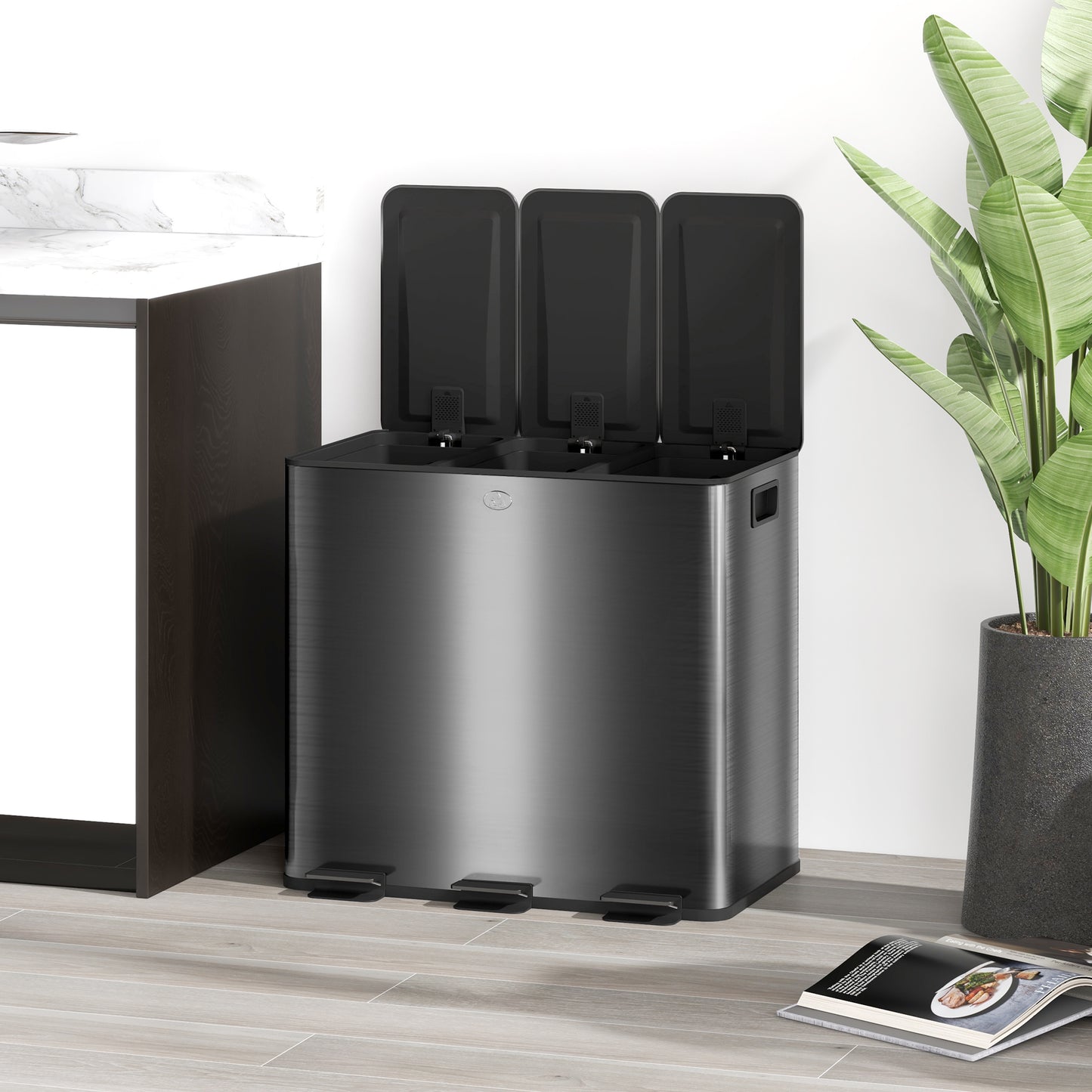 3 x 15L Pedal Bin, Steel Triple Kitchen Bin with Soft Close Lid, Removable Inner Buckets, Fingerprint-Proof, Black