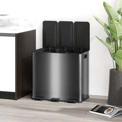 3 x 15L Pedal Bin, Steel Triple Kitchen Bin with Soft Close Lid, Removable Inner Buckets, Fingerprint-Proof, Black