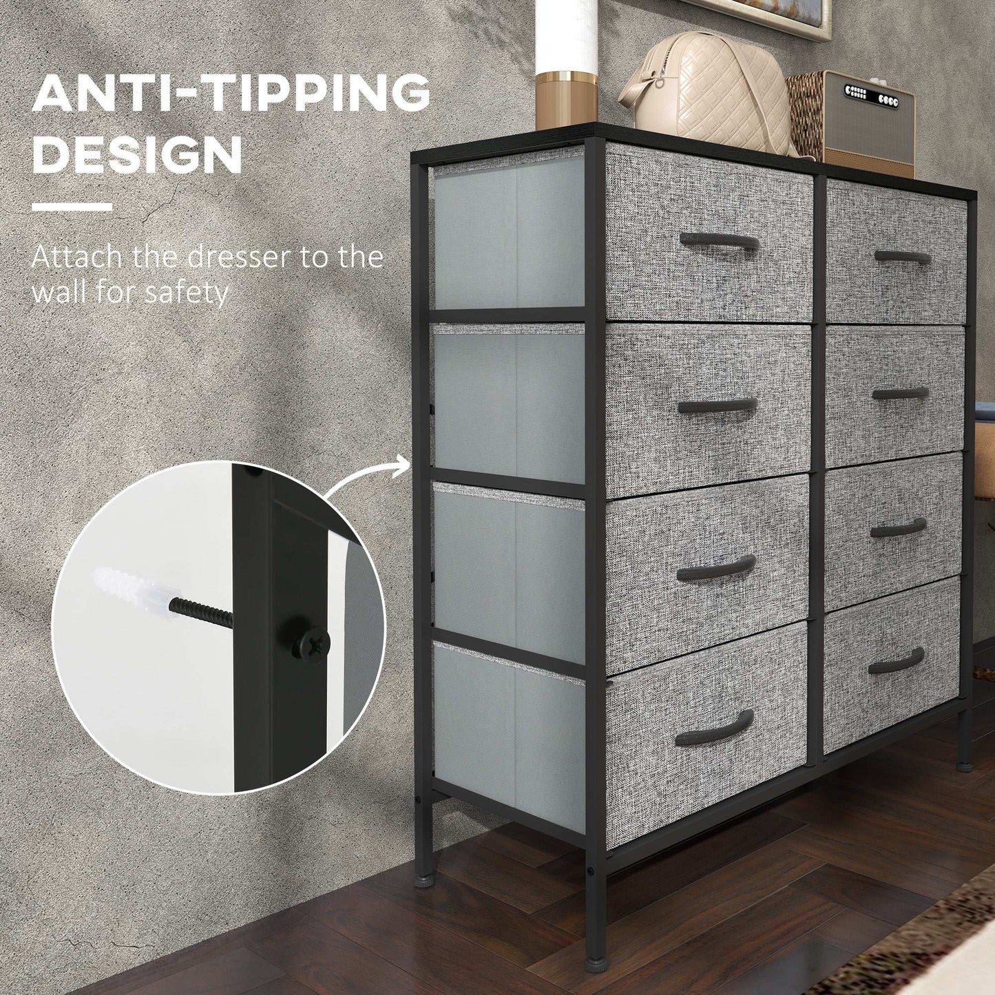 Fabric Chest of Drawers, Storage Bedroom Dresser with 8 Fabric Drawers, Steel Frame and Wooden Top for Nursery, Living Room, Hallway, Black