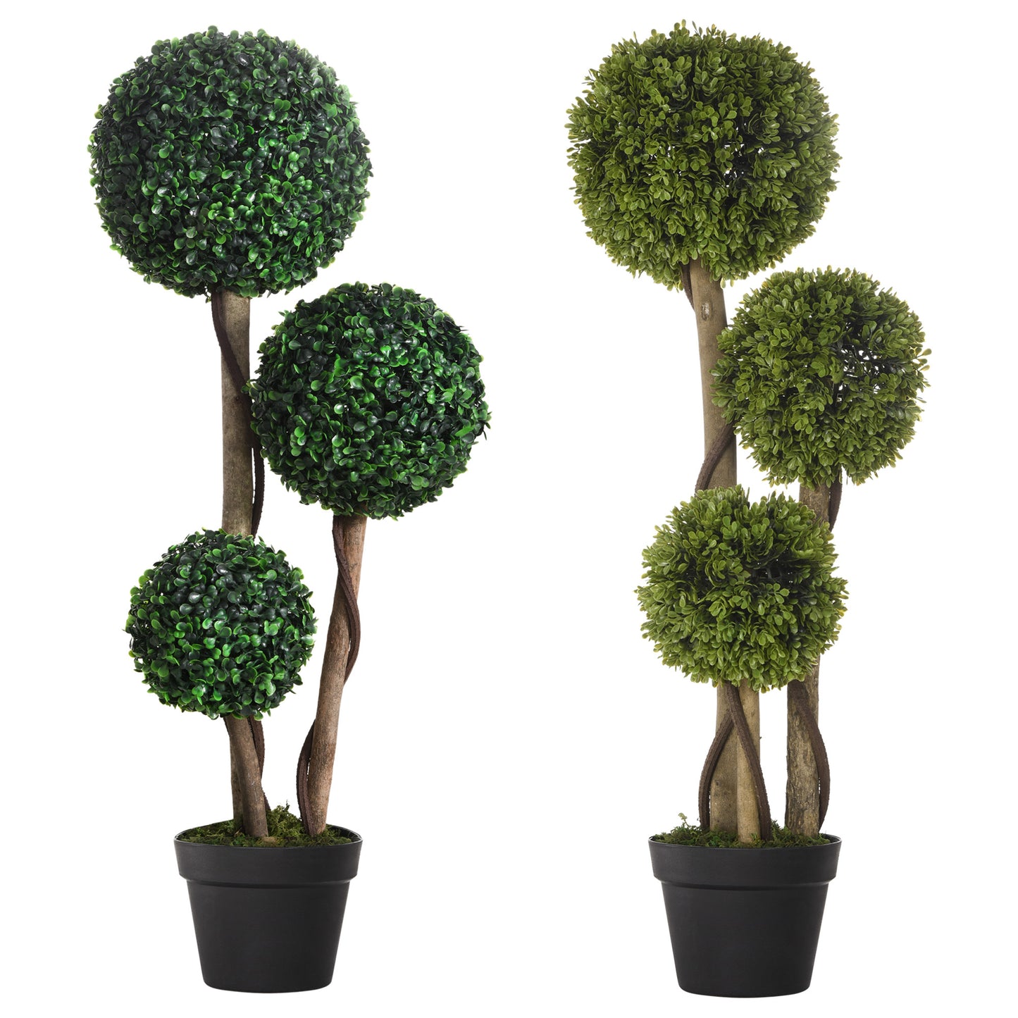 Set of 2 Artificial Boxwood Ball Topiary Trees | 3-Ball Design | 90cm | Dark Green