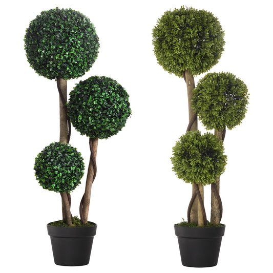 Set of 2 Artificial Boxwood Ball Topiary Trees | 3-Ball Design | 90cm | Dark Green