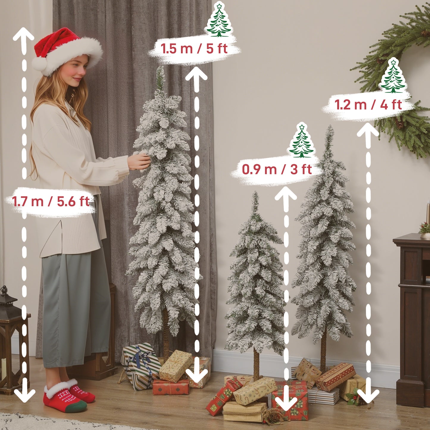 Set of 3 Pencil Flocked Christmas Tree, 3ft 4ft 5ft