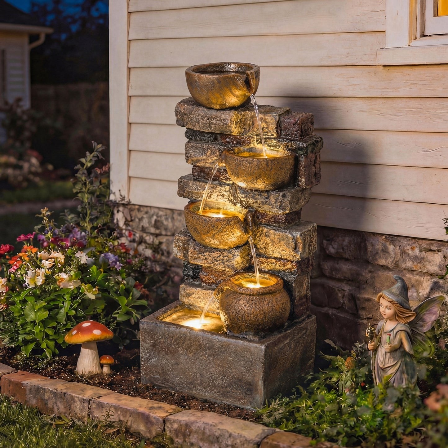 5-Tier Resin Cascading Waterfall Fountain | Hand-Painted Weathered Stone Look | 4 Warm LED Lights | 3-Speed Adjustable Pump | 5W | 230V | 3m Cable | 31x25.5x72cm | Garden Patio & Balcony | Rustic Brown