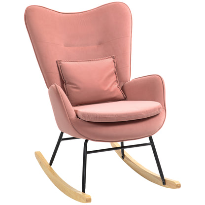 Velvet Rocking Chair Armchair with Lumbar Pillow, Metal Legs and Wood Base for Living Room, Bedroom, Pink