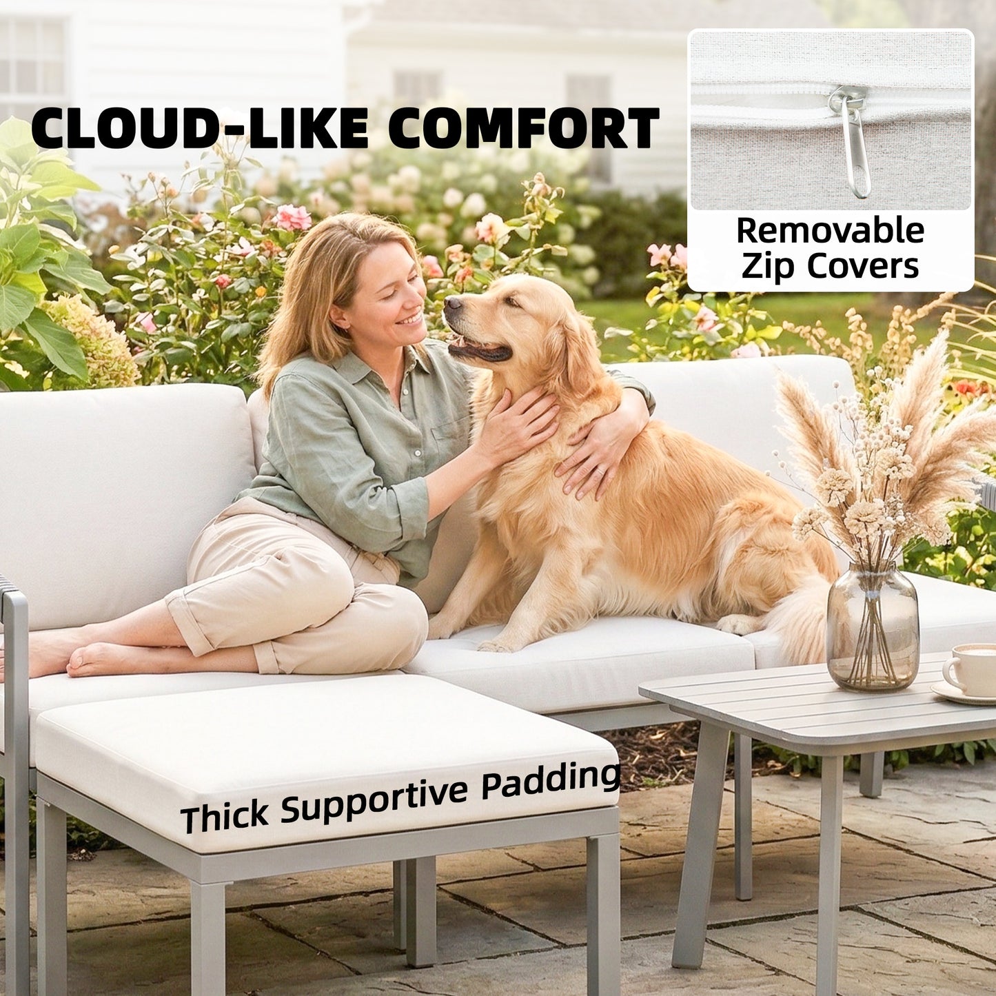 3-Piece Garden Sofa Set | 3-Seater Sofa, Footstool & Coffee Table | 10cm Cushions | 360kg | Grey