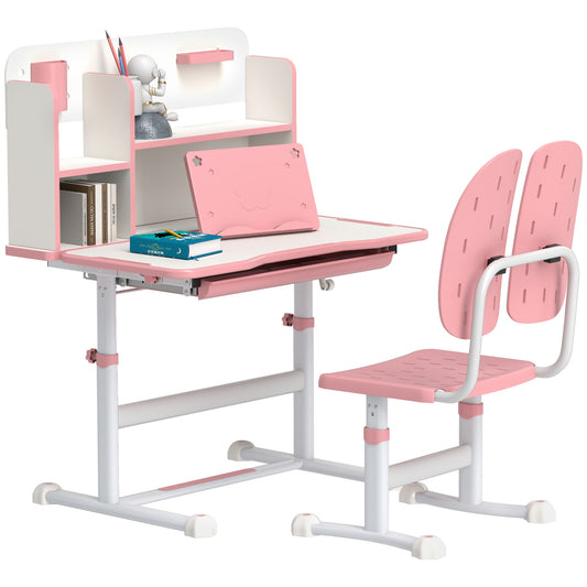 AIYAPLAY Height Adjustable Kids Desk and Chair Set, Children School Study Desk with Tiltable Desktop, Reading Rack