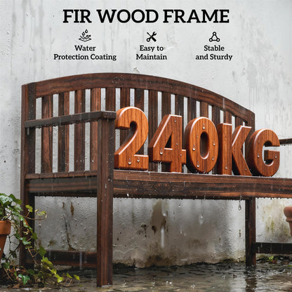 2-Seater Fir Wood Garden Bench | Curved Back | Smooth Armrests | Slatted Seat & Back | Protective Varnish | 240kg Capacity | 143x51x85cm | Carbonised Finish