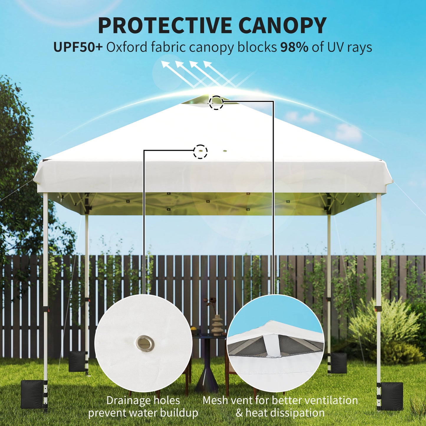 3x3m Pop-Up Gazebo with Flip-Down Wheels & One-Push Central Lock | UPF50+ 210D Oxford Fabric | Top Mesh Vent | 3-Height Adjustment | 4 Sandbags, 4 Guy Ropes & 12 Stakes | Carry Bag | 300x300x273cm | White