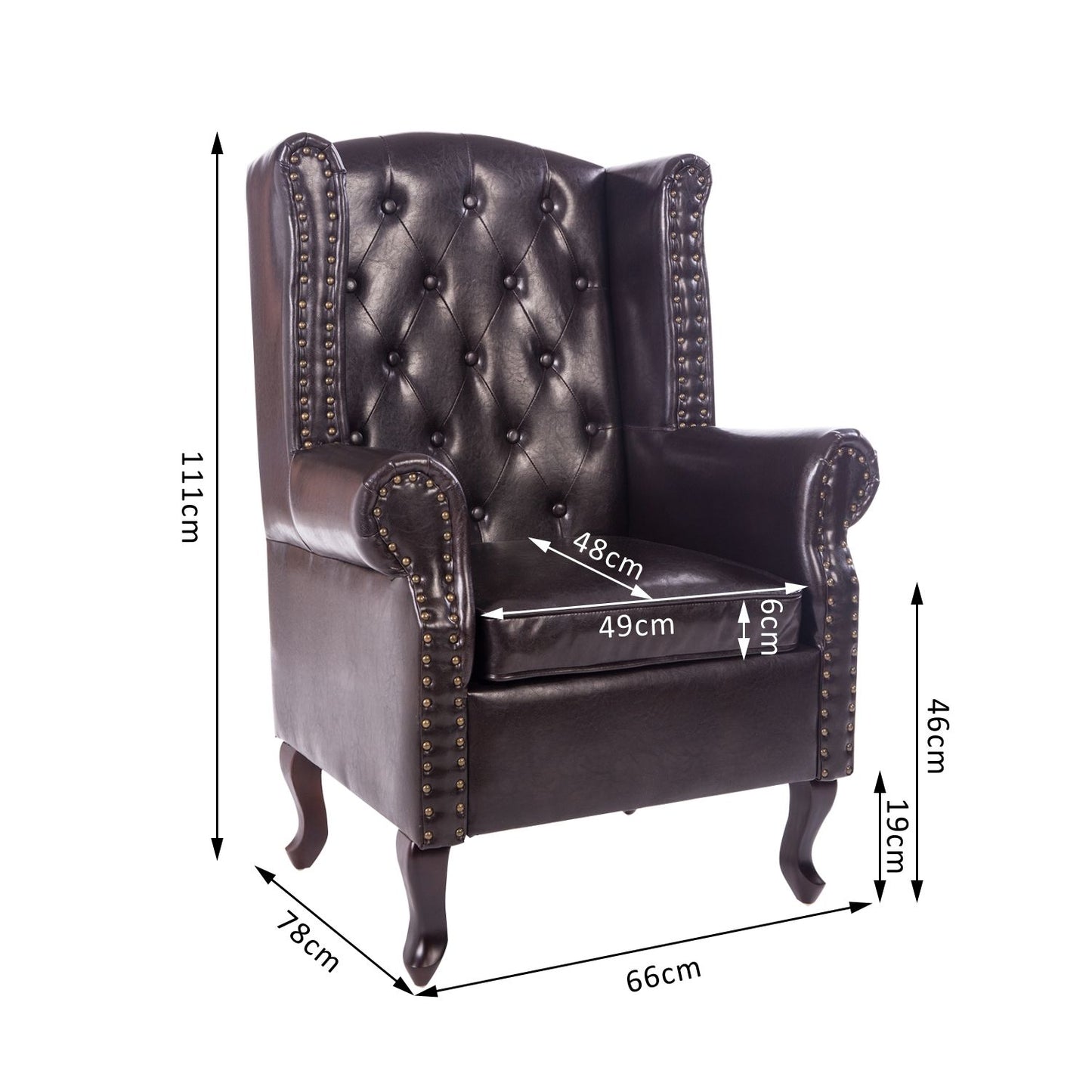 Antique High Back Chair PU Leather Seat Chesterfield Type Armchair Queen Anne Fireside Chair w/ Cushion (Brown)