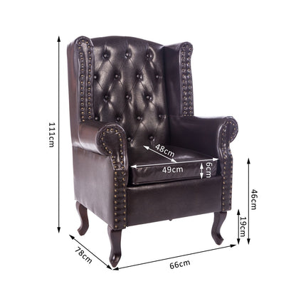 Antique High Back Chair PU Leather Seat Chesterfield Type Armchair Queen Anne Fireside Chair w/ Cushion (Brown)