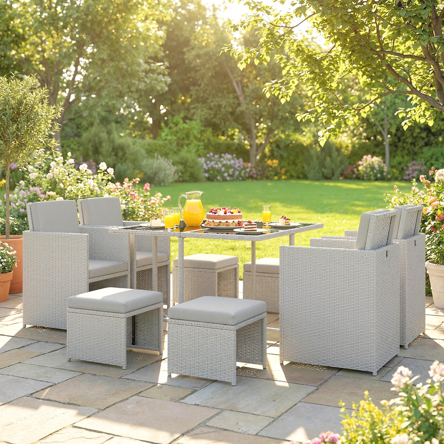 9 Piece Rattan Cube Garden Dining Set | 4 Armchairs | 4 Footstools | Tempered Glass Table 109x109x72cm | Thick Cushions | Washable Covers | PE Rattan & Metal Frame | Light Grey