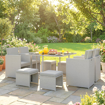 9 Piece Rattan Cube Garden Dining Set | 4 Armchairs | 4 Footstools | Tempered Glass Table 109x109x72cm | Thick Cushions | Washable Covers | PE Rattan & Metal Frame | Light Grey