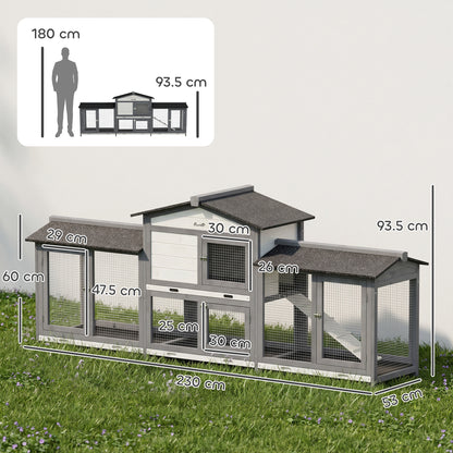 2-Tier Large Rabbit Hutch | Outdoor | Double Side Run Boxes | No-Leak Tray | Ramp | 230cm | Light Grey