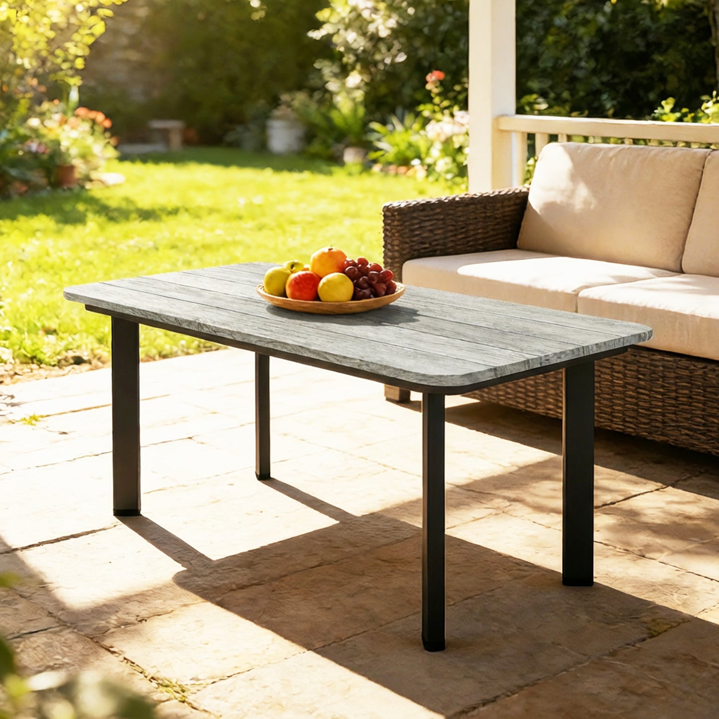 Garden Coffee Table | Slatted Plastic Wood Composite Top | Metal Frame | Adjustable Feet | 50kg | Grey