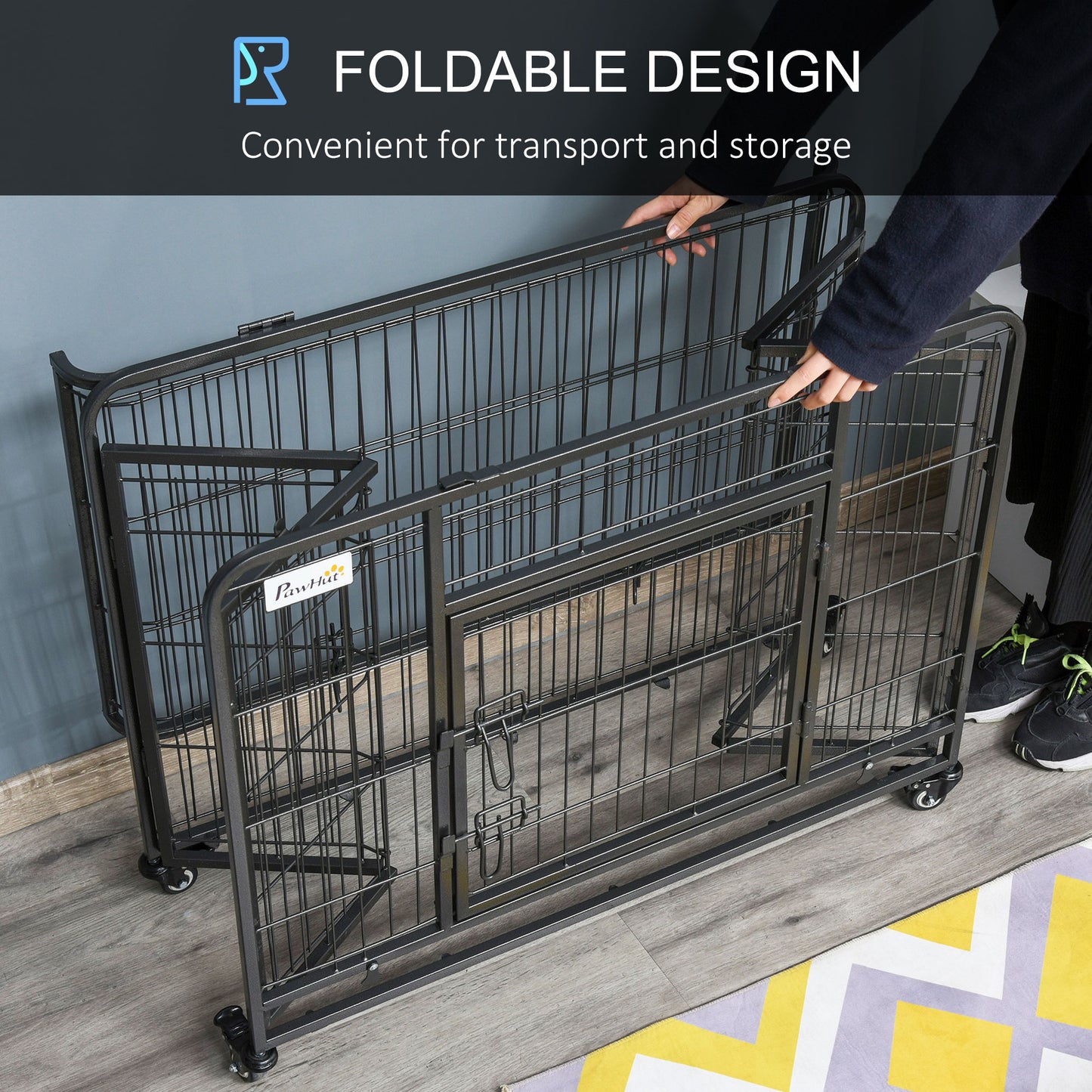 Dog Cage on Locking Wheels | Double-Latch Door | Openable Top | Removable Tray | Foldable | Medium Dogs up to 20kg | 94 x 58 x 76.5cm | Dark Grey