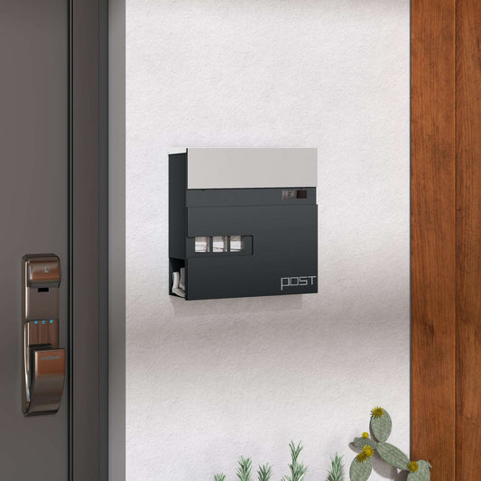 Wall Mounted Post Box with Viewing Window,  Modern Galvanised Steel Mailbox with Copper Core, Weatherproof Letterbox Charcoal Grey