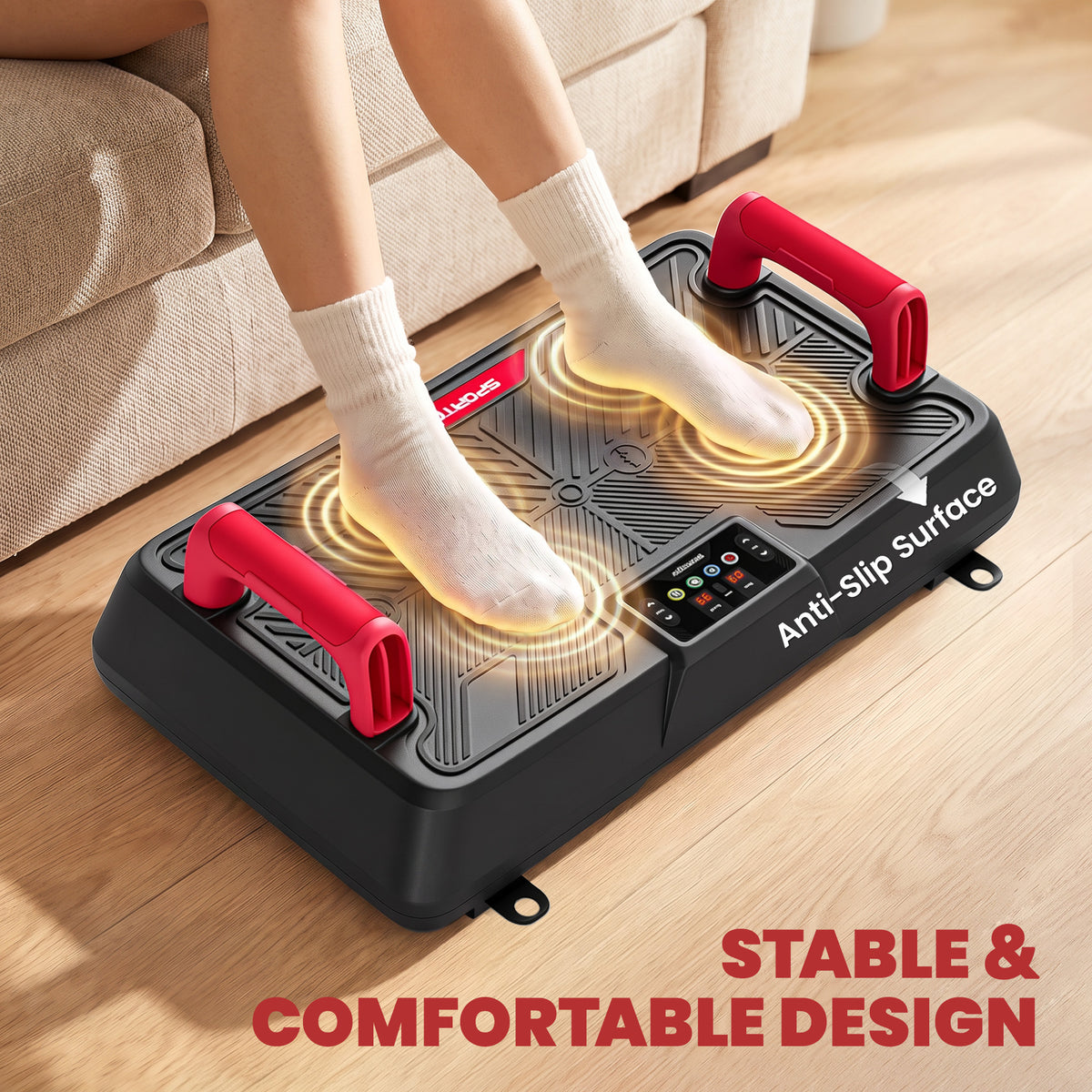 Vibration Plate Exercise Machine | 150W Swing Arm Motor | 99 Speeds | 3 Preset Programmes | 2 Resistance Bands | Removable Handles | LED Display & Remote | Anti-Slip TPR | 120kg | 66x40x23cm | Red
