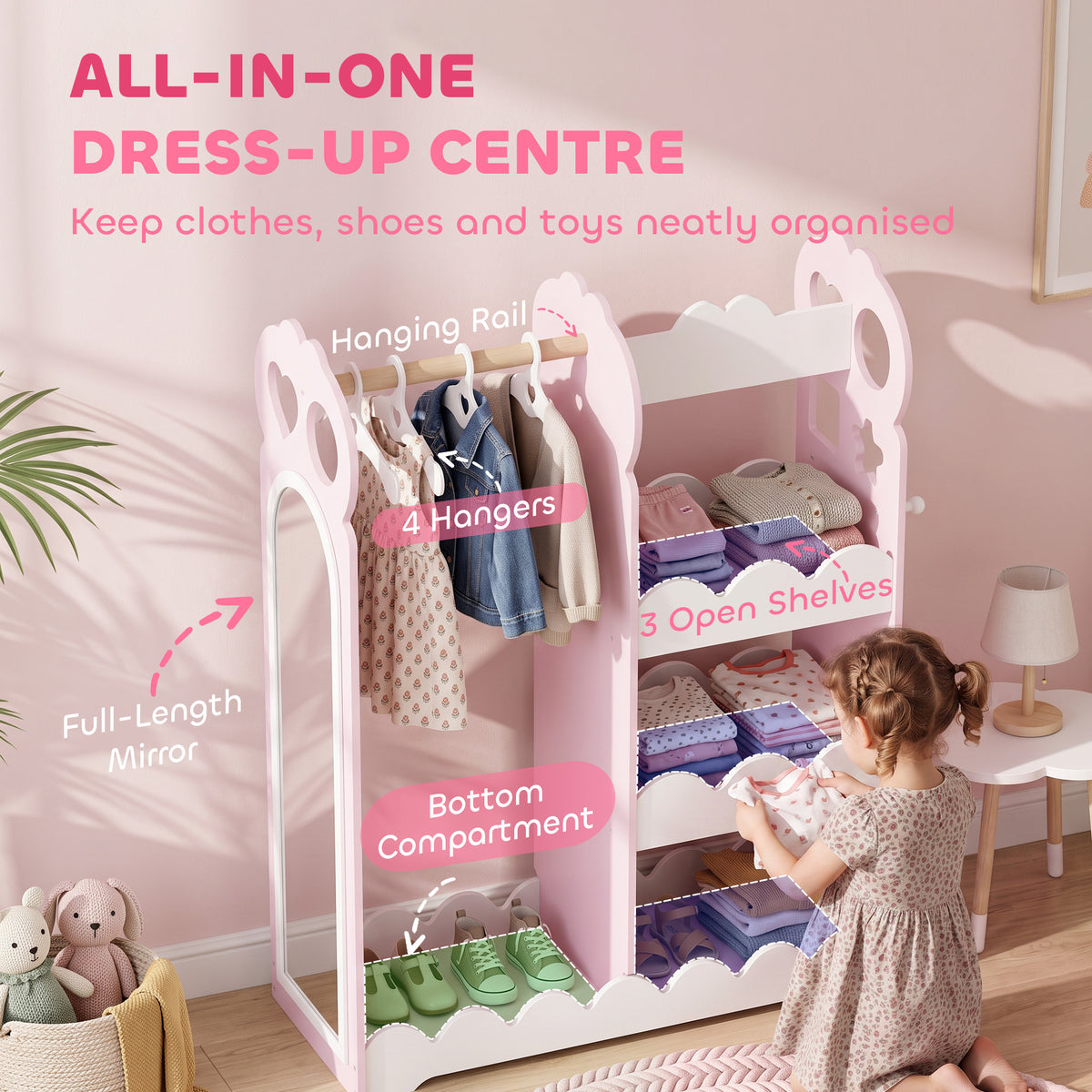 Kids Wardrobe with Full-Length Mirror | Clothes Rail | Open Shelves & Bottom Storage | P2 MDF | Acrylic Mirror | Pink Cloud-Print Design | 81x34x110cm | 10kg Shelf & 5kg Rail | Ages 3–12 | Pink