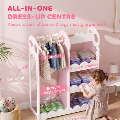 Kids Wardrobe with Full-Length Mirror | Clothes Rail | Open Shelves & Bottom Storage | P2 MDF | Acrylic Mirror | Pink Cloud-Print Design | 81x34x110cm | 10kg Shelf & 5kg Rail | Ages 3–12 | Pink