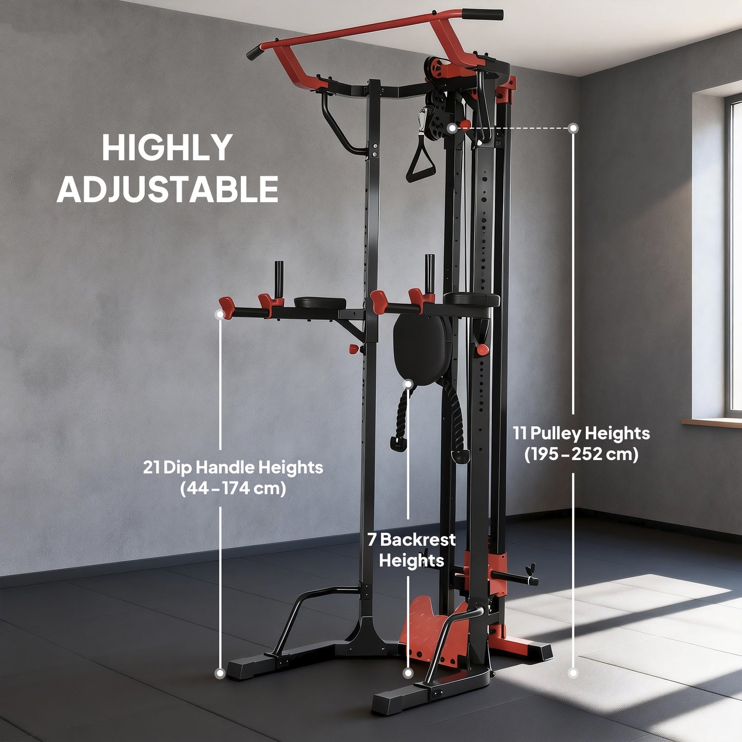SPORTNOW Power Tower with Lat Pull Down Machine, Pull Up Bar, Dip Station, Adjustable Height Power Pack for Home Gym