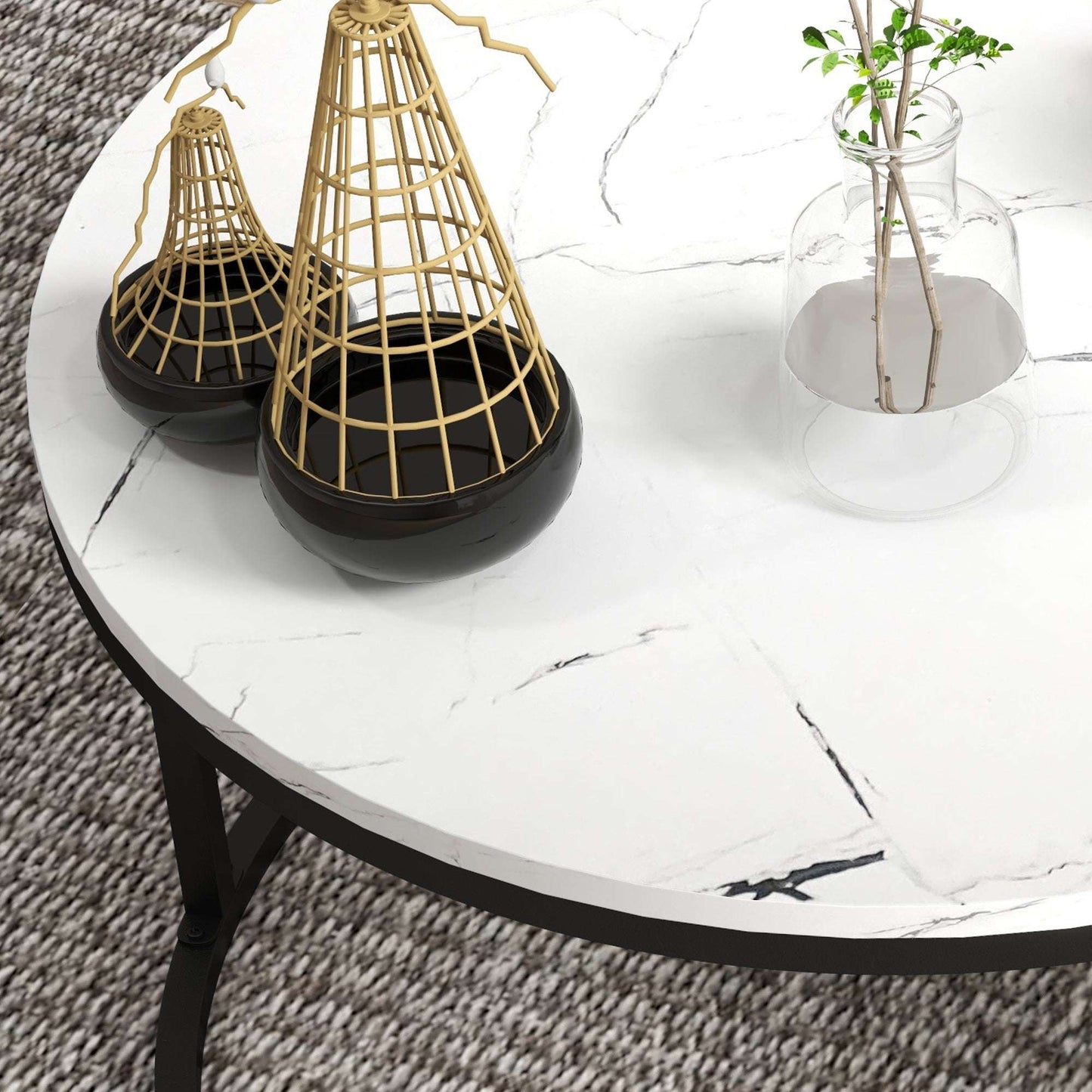 Industrial Nesting Coffee Table Set of 2, Round Coffee Tables, Living Room Table with Faux Marbled Top and Steel Frame