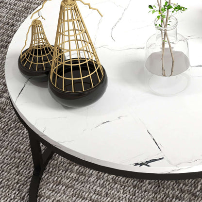 Industrial Nesting Coffee Table Set of 2, Round Coffee Tables, Living Room Table with Faux Marbled Top and Steel Frame