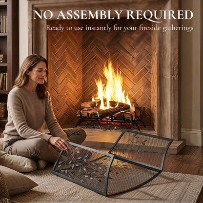 3-Panel Folding Fireplace Screen | Powder-Coated Metal | Spark Guard | 122x75cm Open | Folds to 61cm | Adjustable Layout | No Assembly | Black